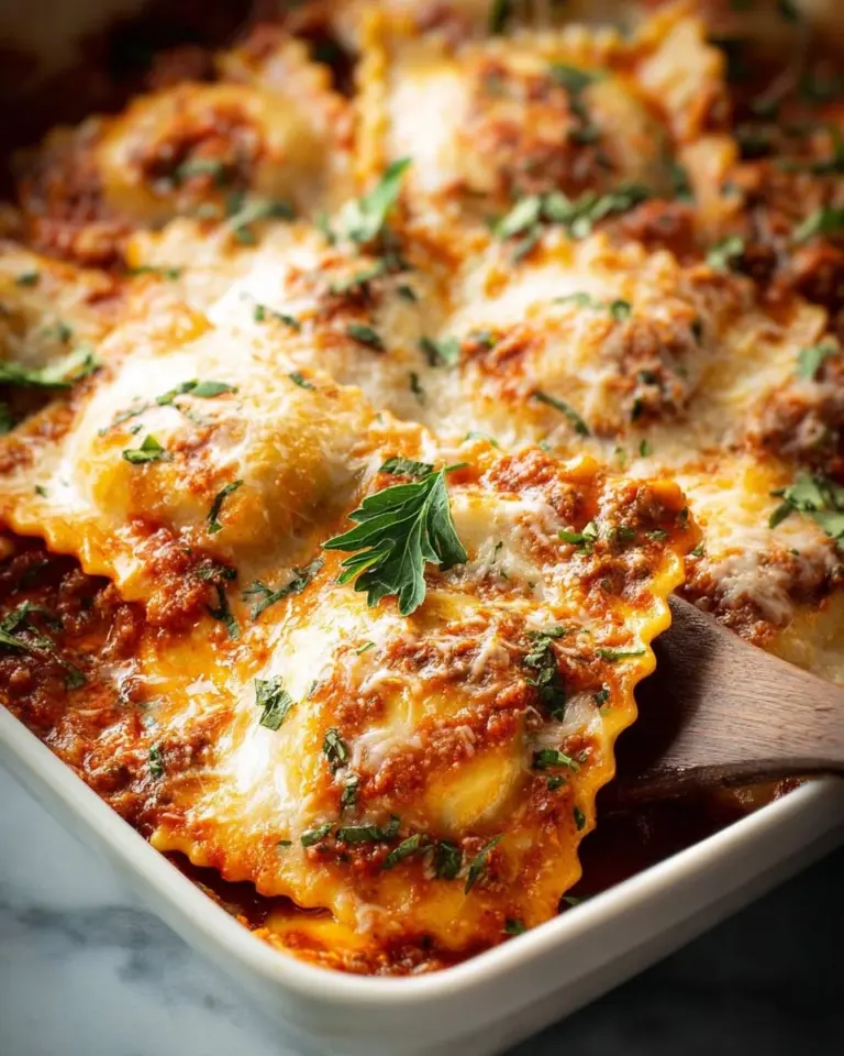 Plate of homemade baked ravioli topped with marinara sauce and melted cheese