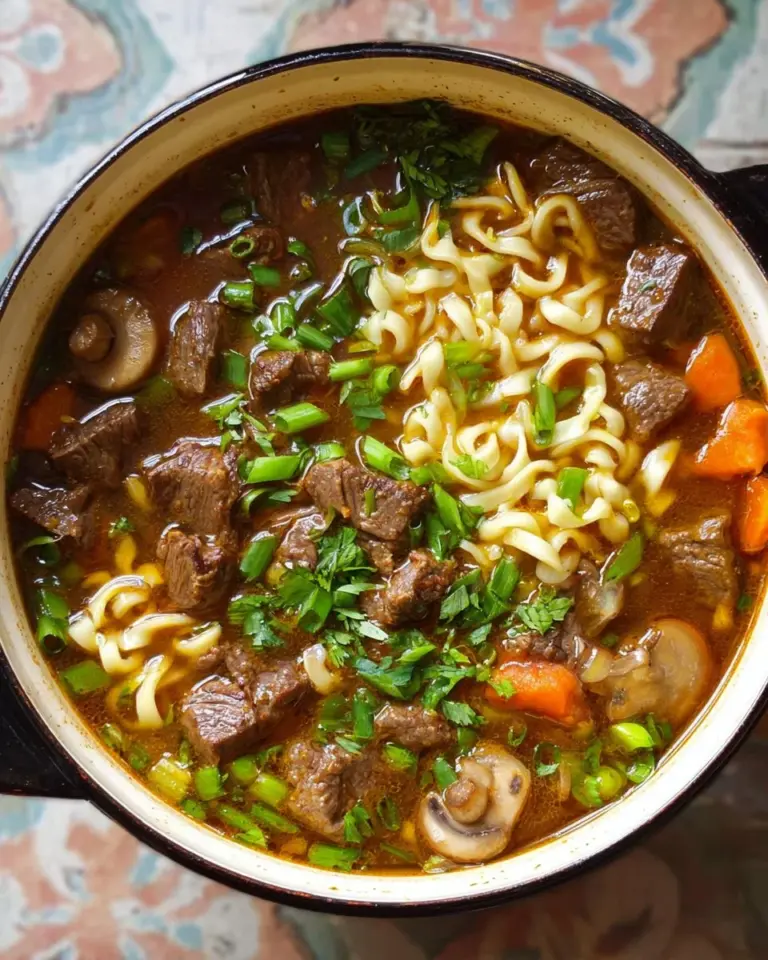 Bowl of delicious beef noodle soup with fresh herbs and spices
