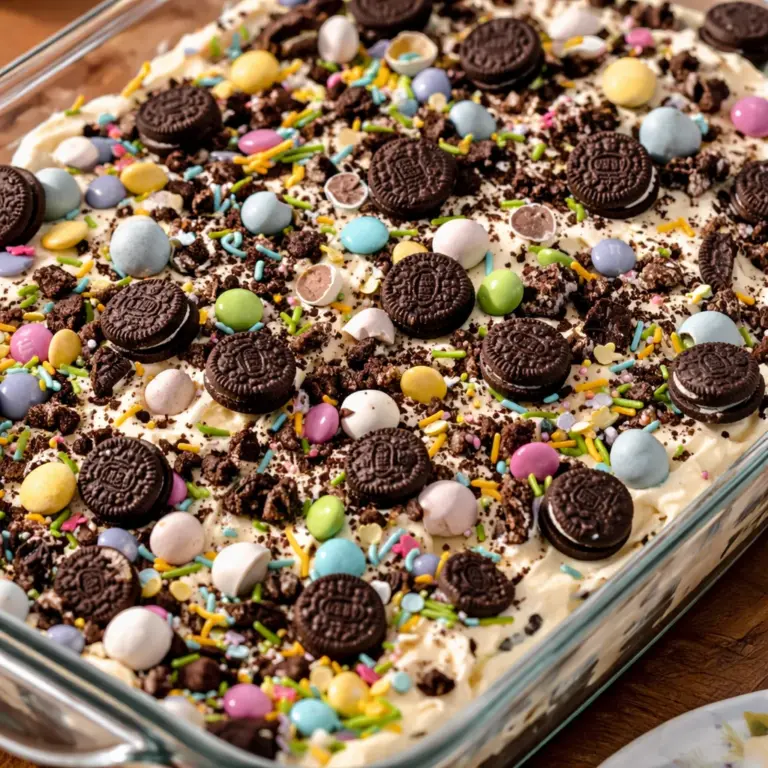 Easter dirt cake casserole with Oreos, pudding layers, and festive candy decoration.