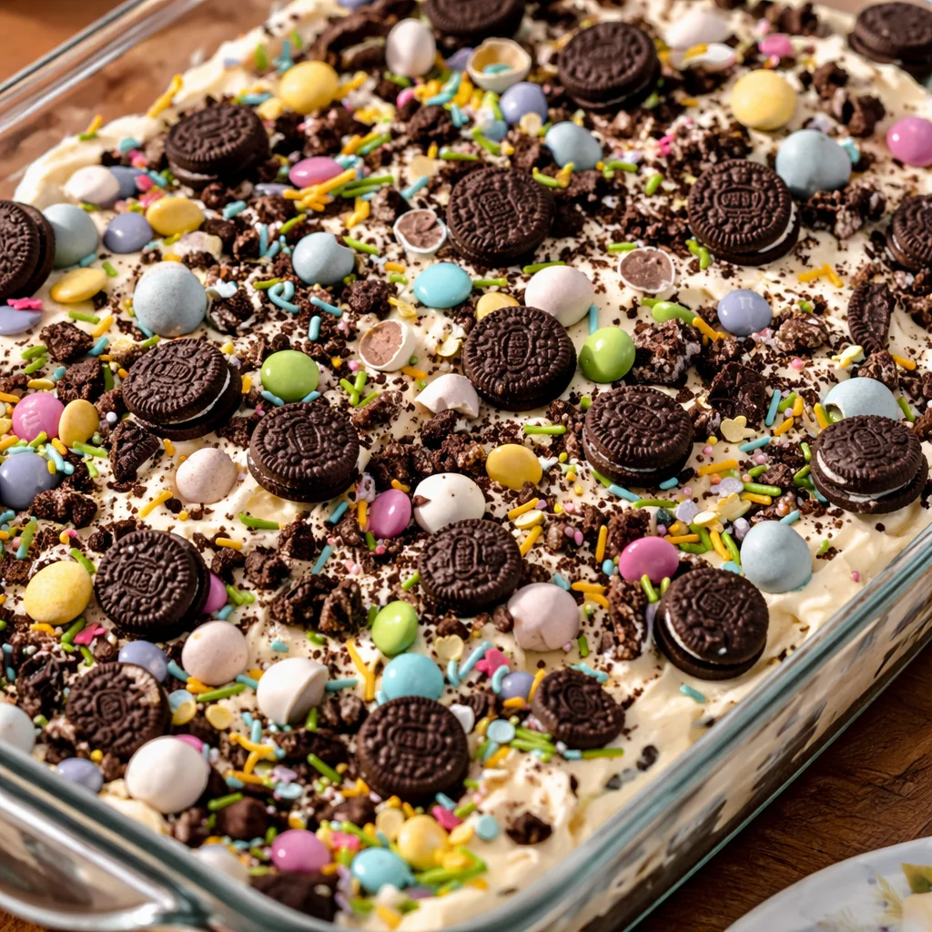 Easter dirt cake casserole with Oreos, pudding layers, and festive candy decoration.