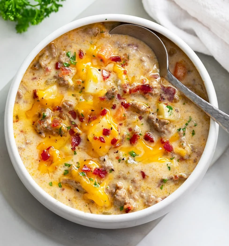 Bowl of cheeseburger soup topped with cheese and herbs