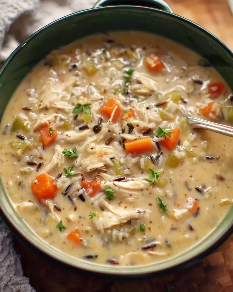Bowl of Chicken and Wild Rice Soup garnished with fresh herbs.