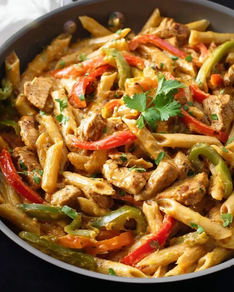 Delicious Chicken Fajita Pasta plated with colorful vegetables.