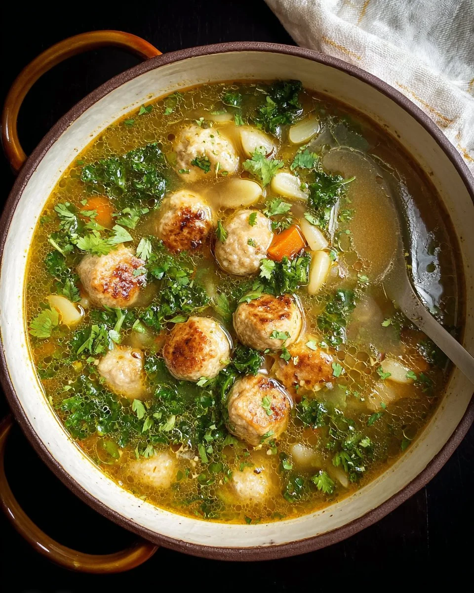 Bowl of Chicken Meatball Soup with fresh herbs and vegetables