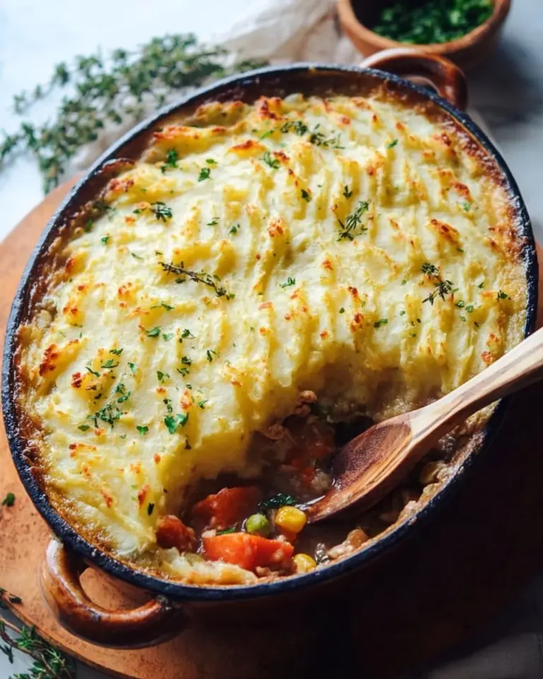 Delicious Chicken Shepherd's Pie topped with golden brown mashed potatoes.