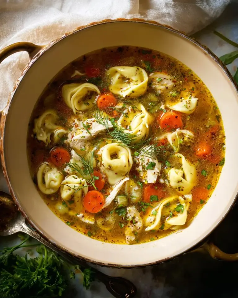 Bowl of Chicken Tortellini Soup garnished with herbs and served hot.