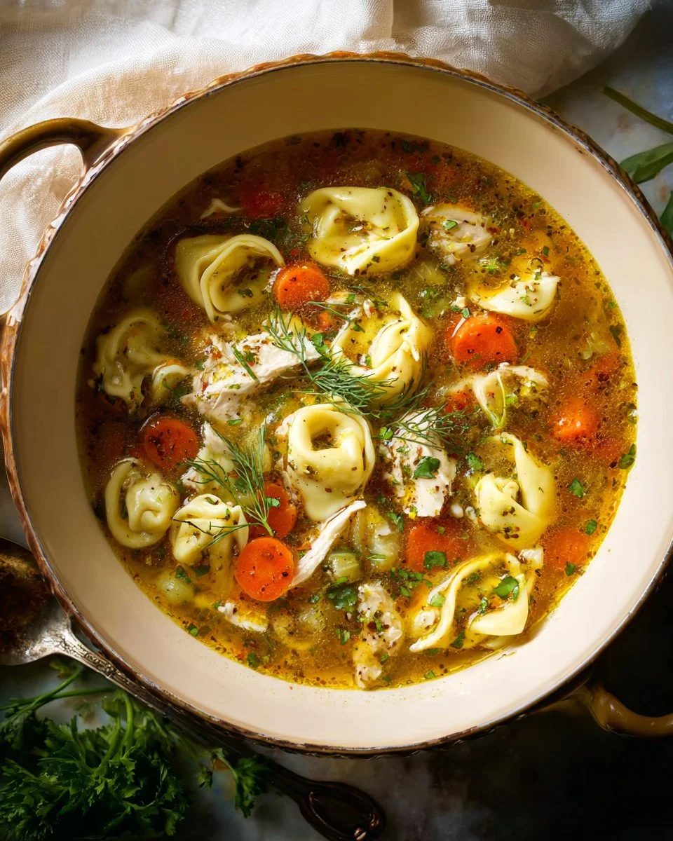 Bowl of Chicken Tortellini Soup garnished with herbs and served hot.