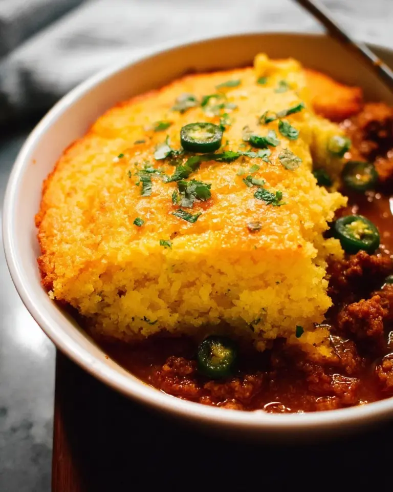 Delicious Chili Cornbread Casserole topped with cheese and green onions