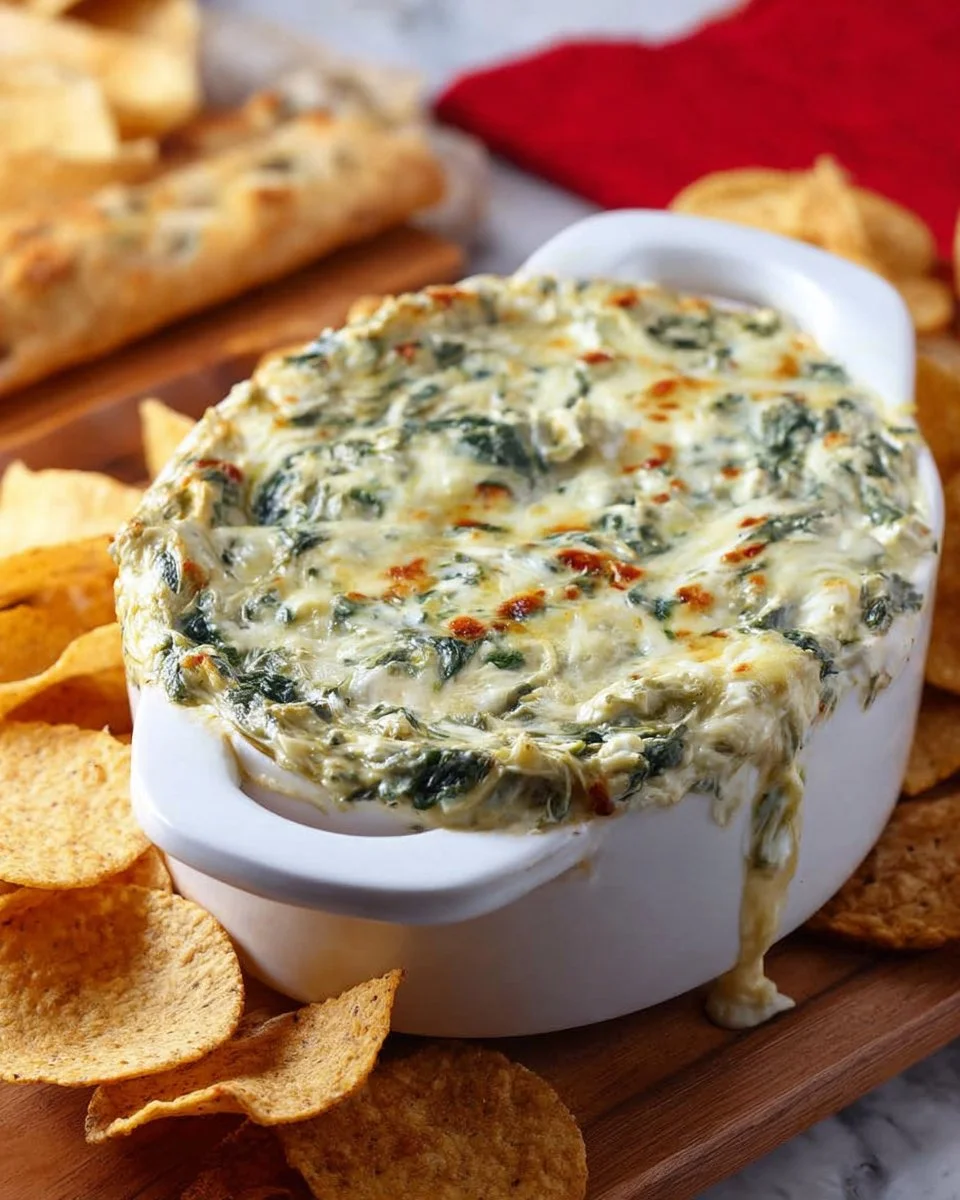 Creamy spinach and artichoke dip served in a bowl with tortilla chips