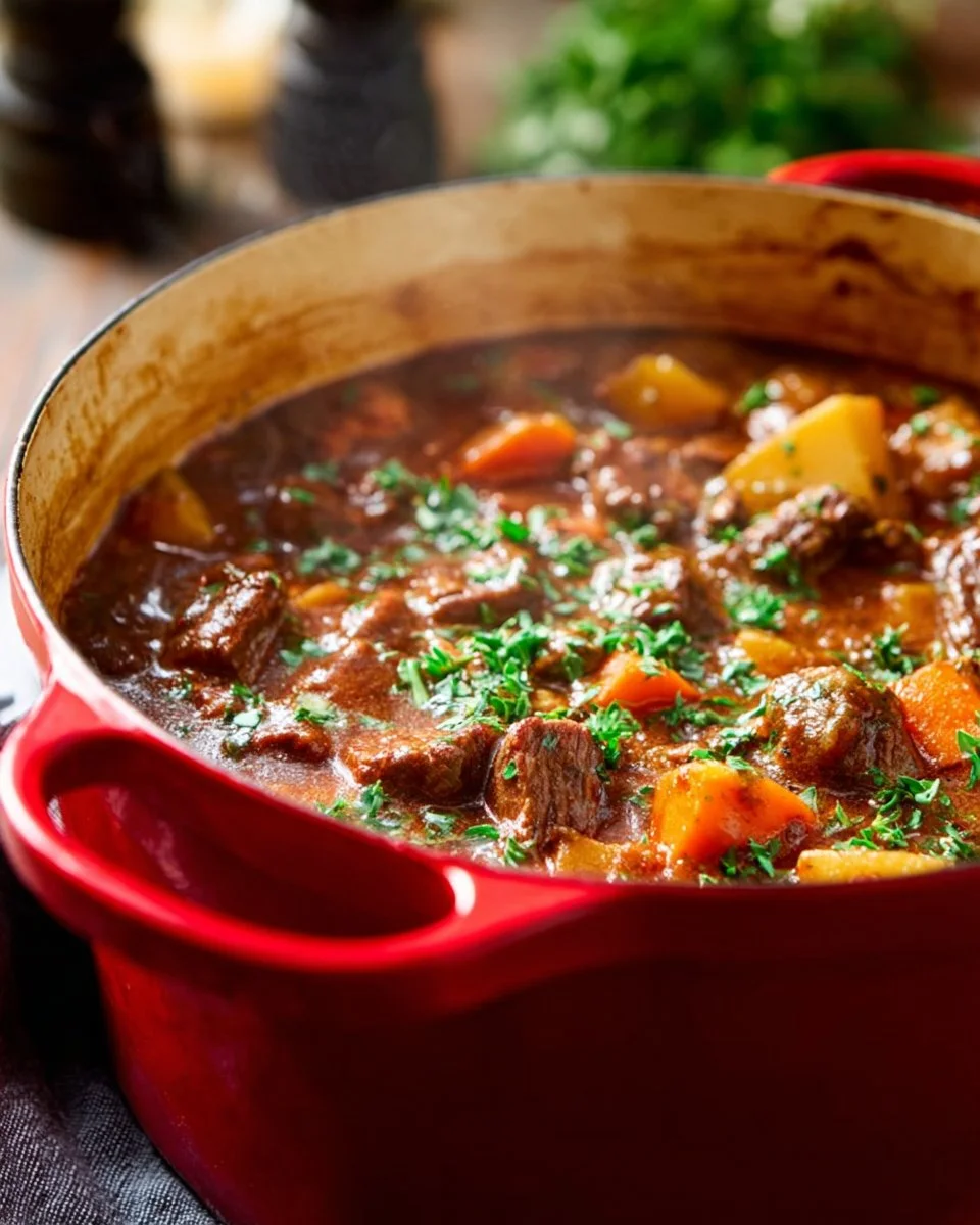 Hearty Dutch oven beef stew in a rustic bowl, ready to enjoy a comforting meal.