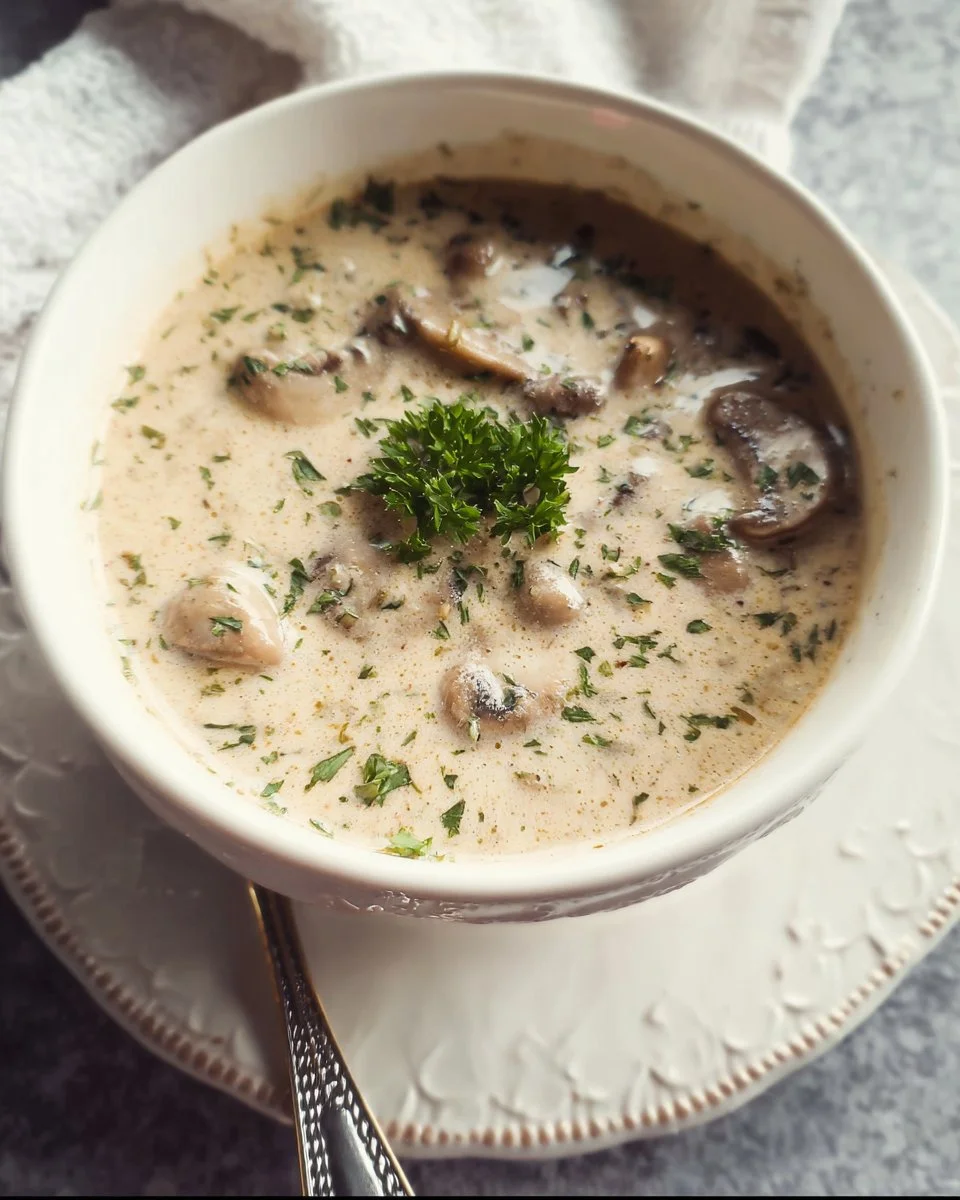 Bowl of creamy mushroom soup garnished with fresh herbs