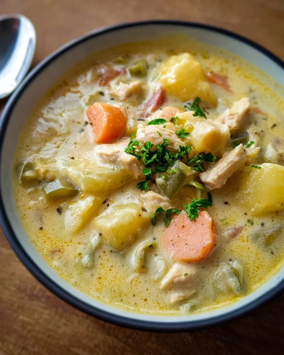 Bowl of creamy chicken stew with vegetables and herbs