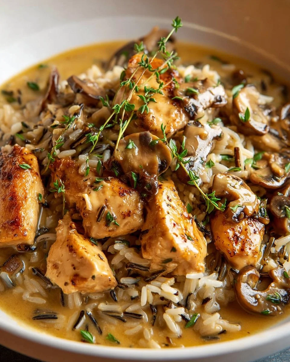 Bowl of creamy mushroom chicken soup with wild rice garnished with herbs.