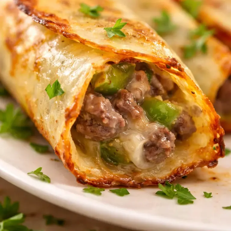 Delicious keto Philly cheesesteak roll ups with beef, cream cheese, and peppers.