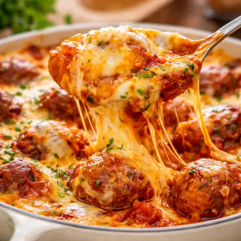 Delicious Meatball & Mashed Potato Bake topped with gravy and cheese.