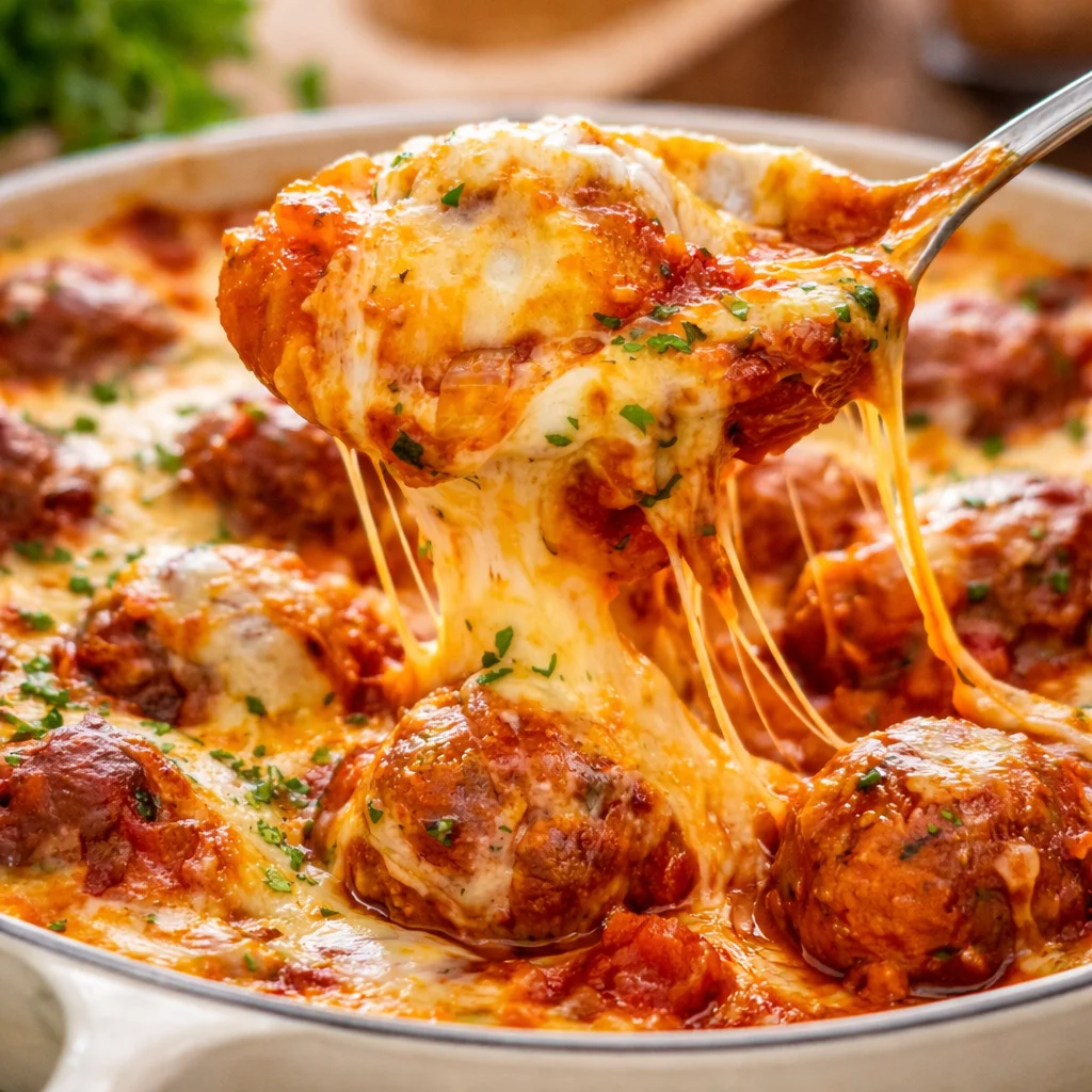 Delicious Meatball & Mashed Potato Bake topped with gravy and cheese.