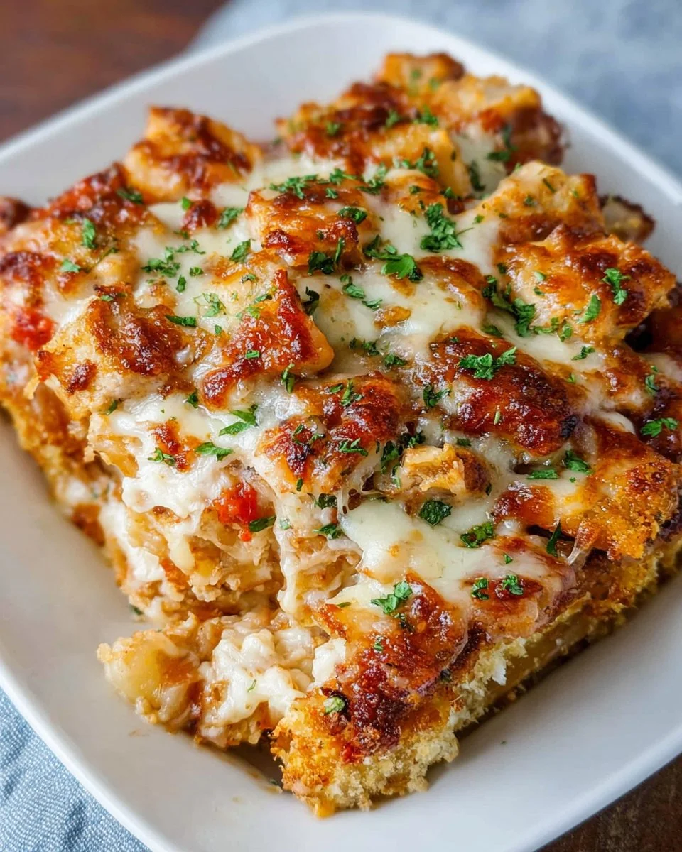 Cozy chicken parmesan casserole freshly baked and ready to serve.