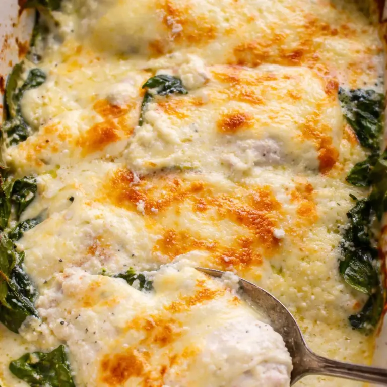 Delicious Spinach Chicken Casserole with creamy cheese and fresh spinach baked together.