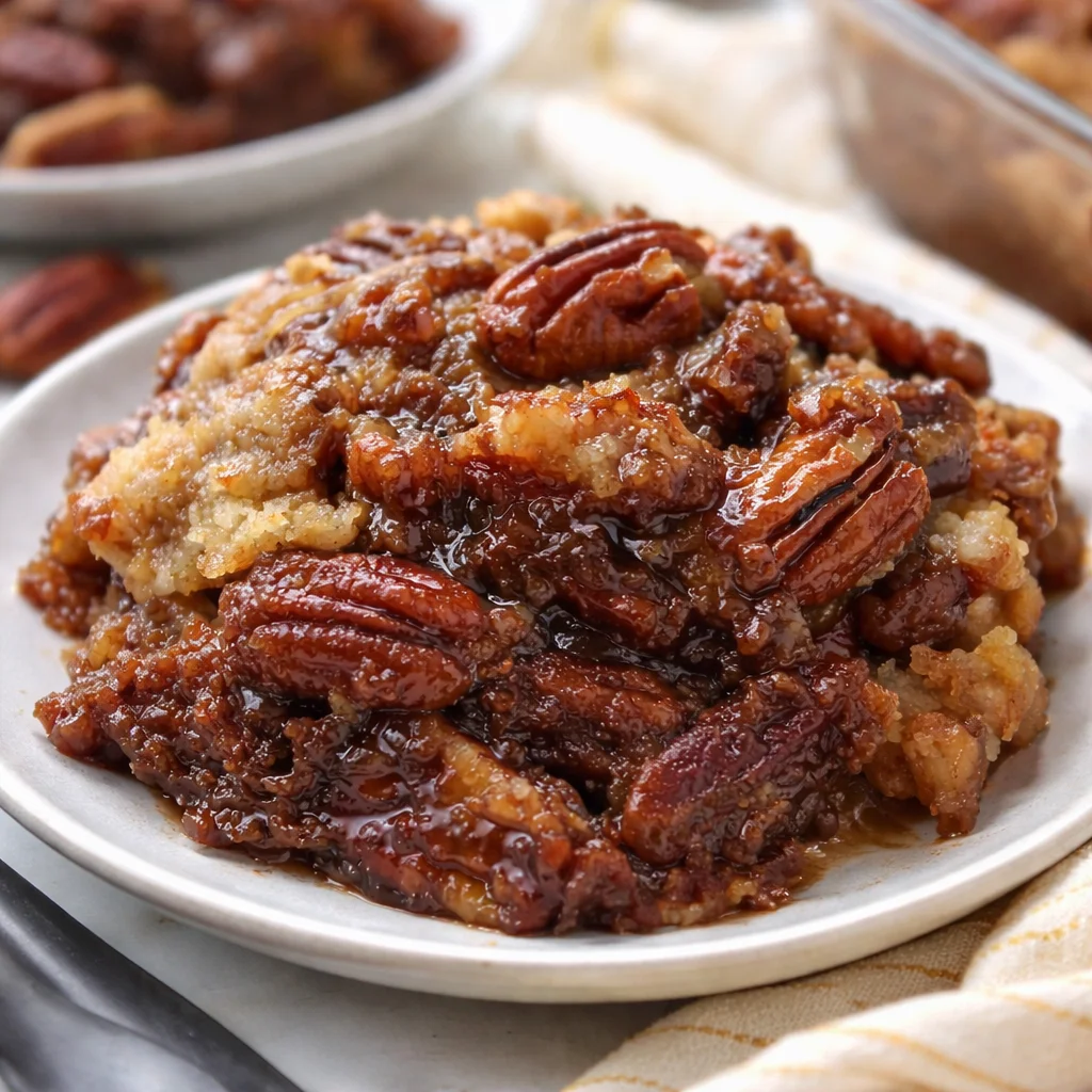 Delicious Pecan Pie Dump Cake with gooey filling and buttery topping on a plate