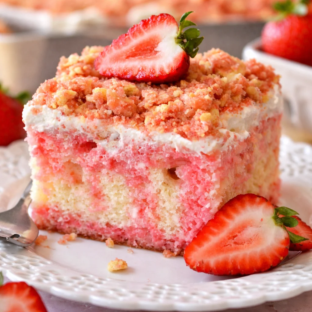 Strawberry Crunch Poke Cake with whipped cream frosting and strawberry topping