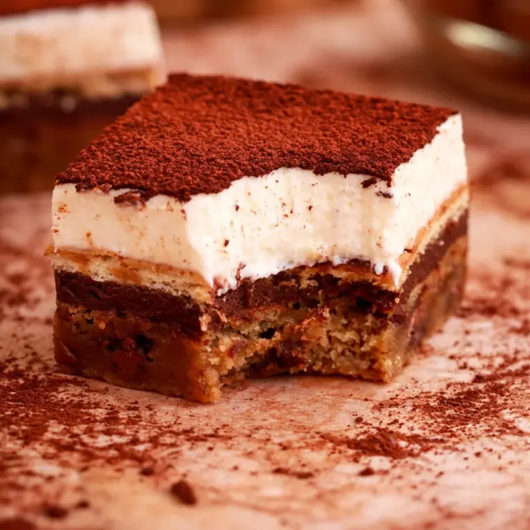 Delicious Tiramisu Blondie topped with mascarpone frosting and cocoa powder.