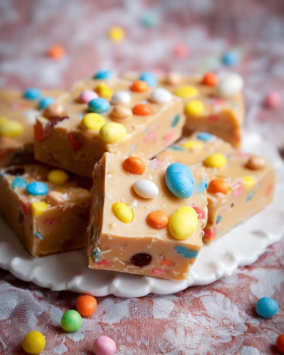 Delicious homemade Easter fudge arranged in colorful squares on a festive plate