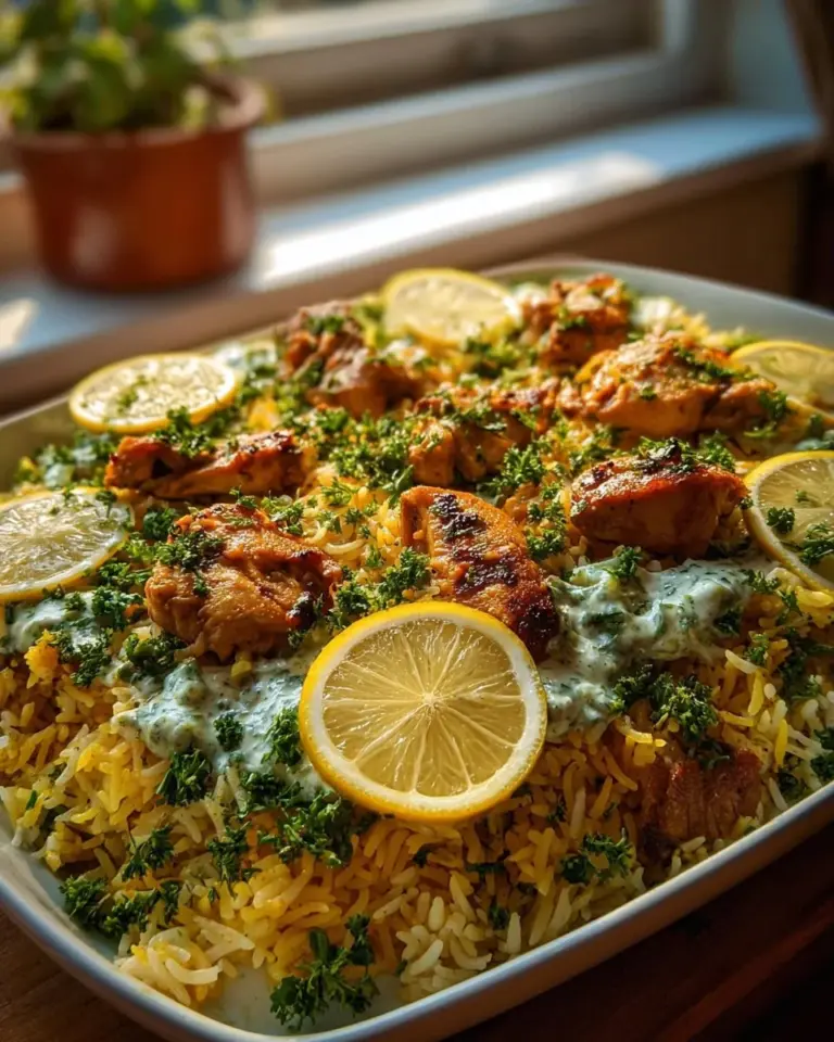 Baked chicken tzatziki rice served on a plate with garnish