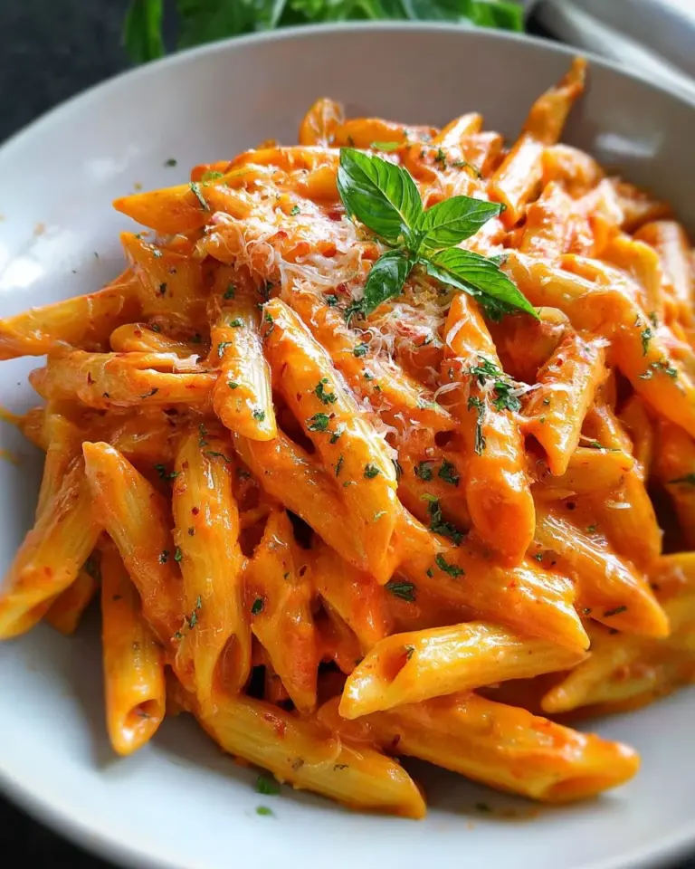 Delicious Penne with Vodka dish garnished with herbs and cheese