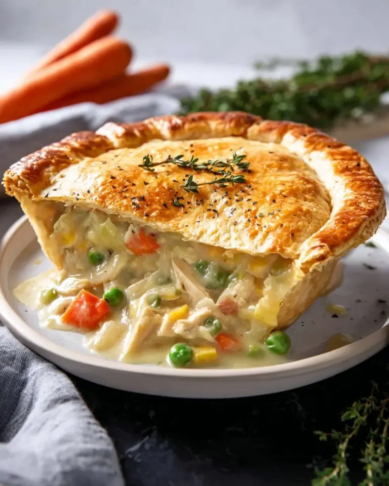 A delicious chicken pot pie, golden-brown crust filled with savory chicken and vegetables.