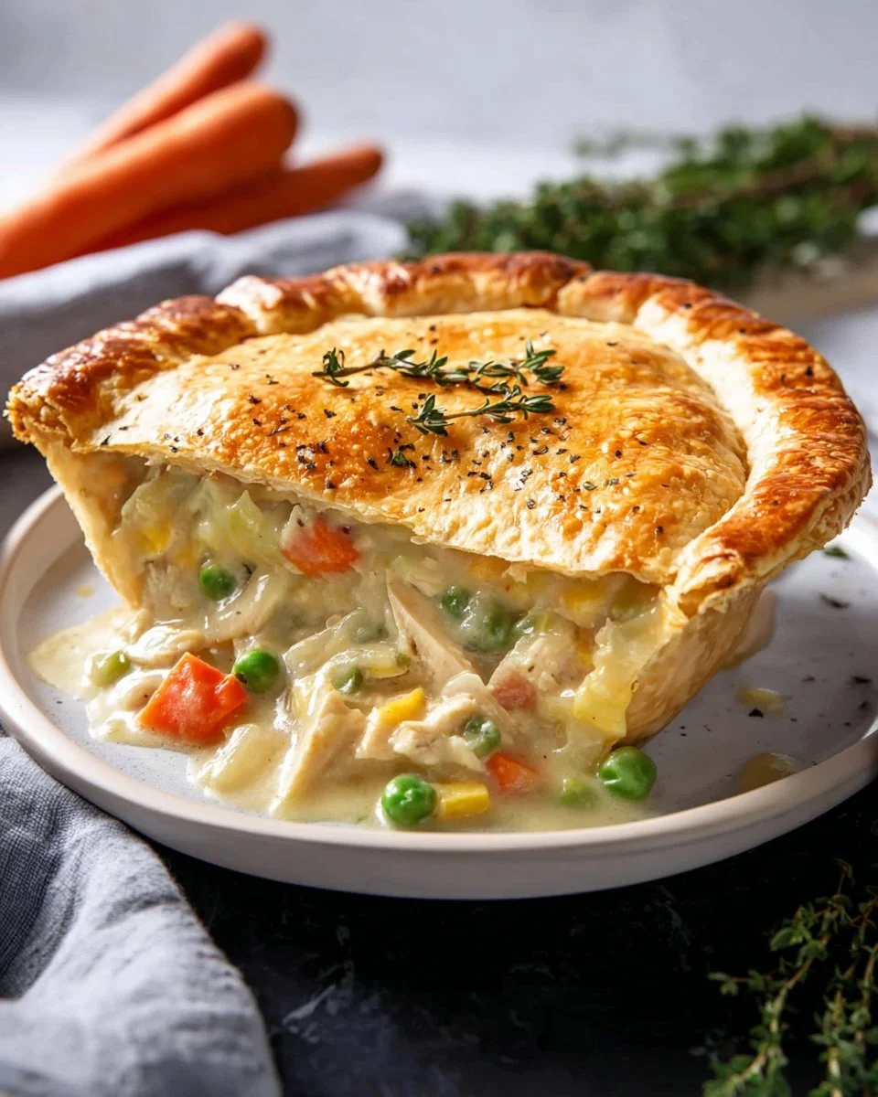 A delicious chicken pot pie, golden-brown crust filled with savory chicken and vegetables.