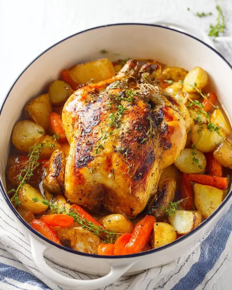 Irresistibly tender Dutch oven roast chicken served with herbs and vegetables