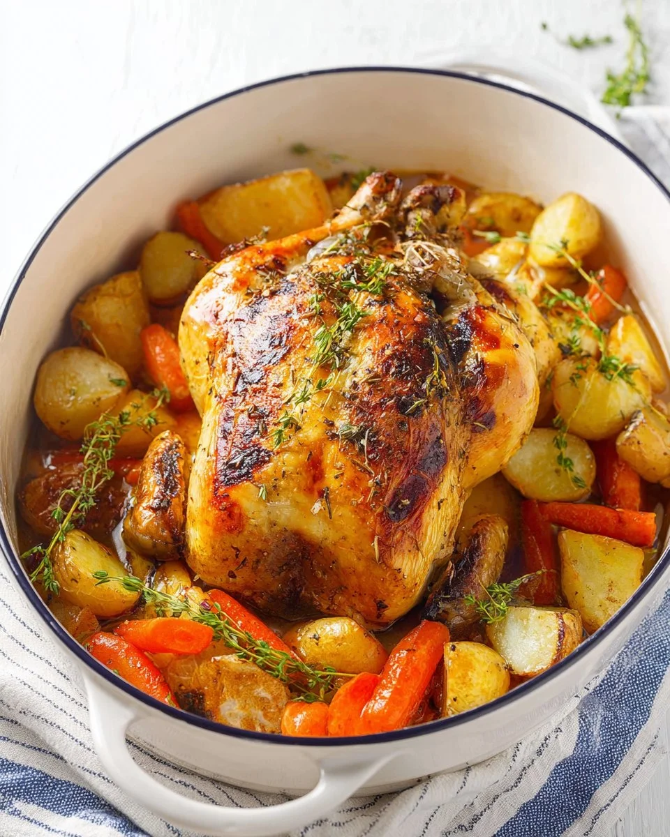Irresistibly tender Dutch oven roast chicken served with herbs and vegetables