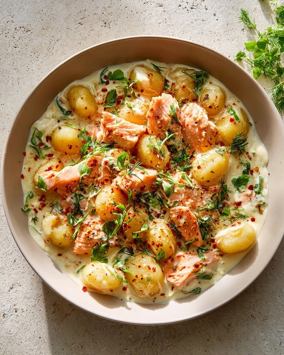 Plate of juicy smoked salmon gnocchi with herbs and cream sauce