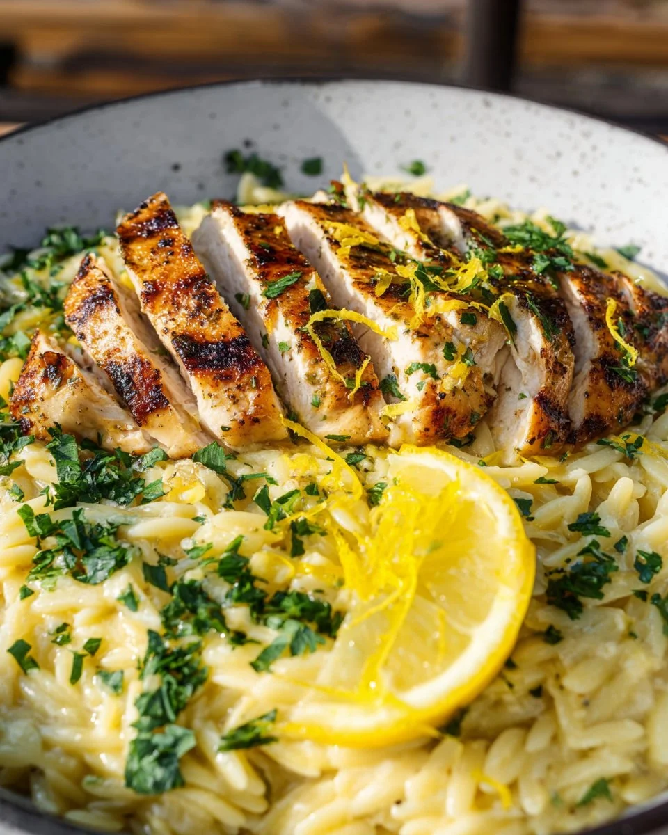 Lively lemon chicken orzo dish served in a bowl with fresh herbs