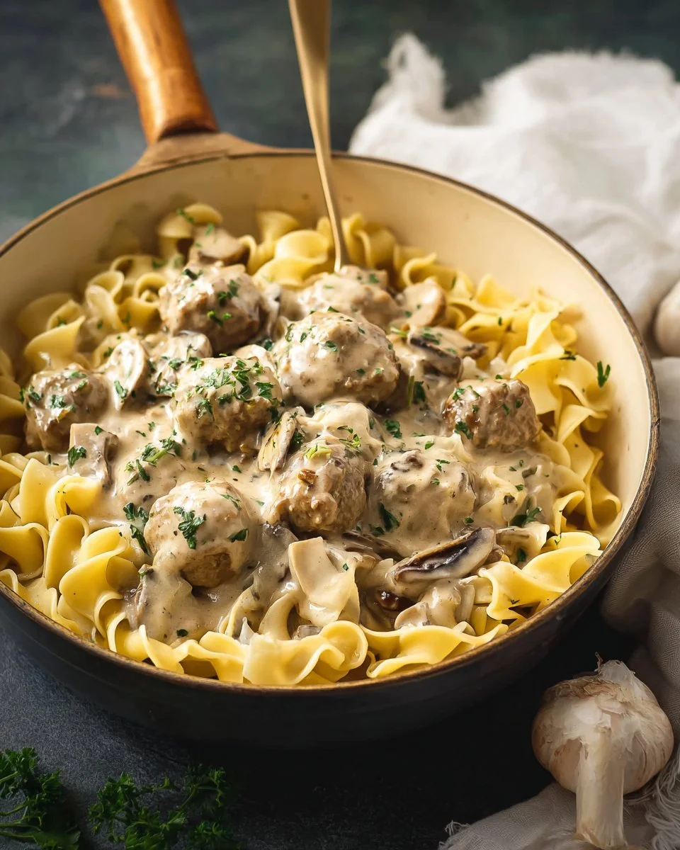 Delicious Meatball Stroganoff served with creamy sauce over pasta