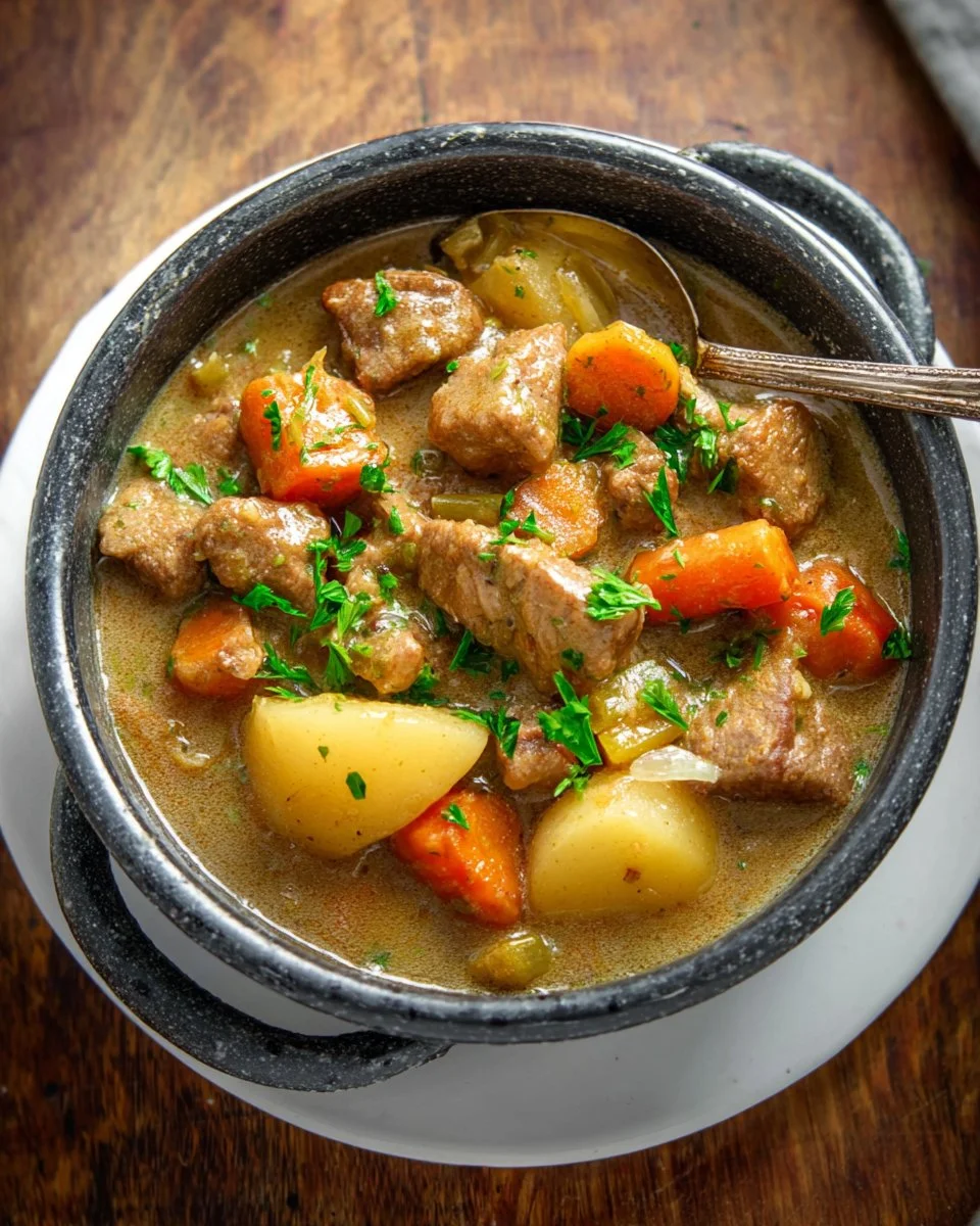 Delicious pork stew served with vegetables in a rustic bowl