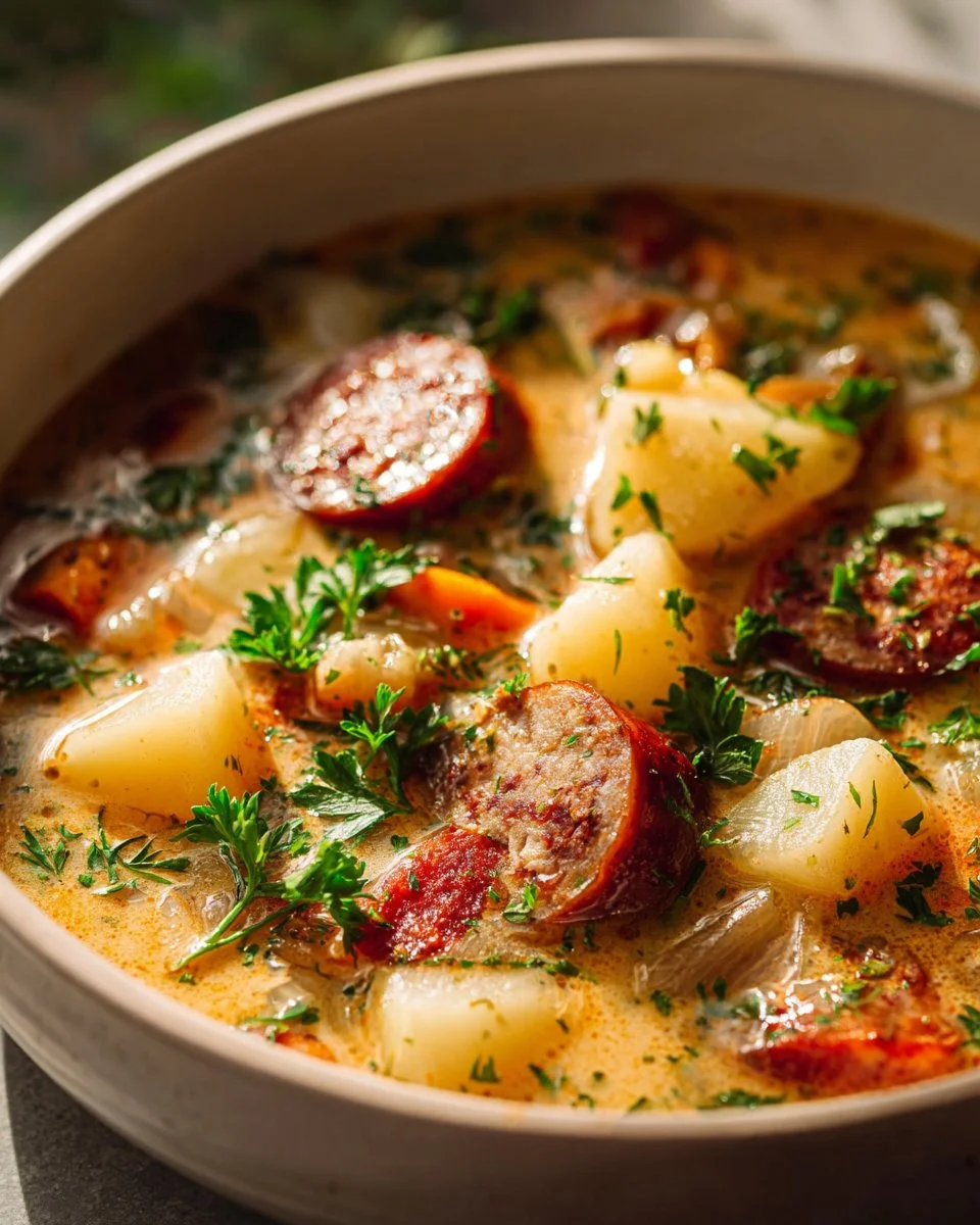 Bowl of delicious Potato Kielbasa Soup topped with fresh herbs
