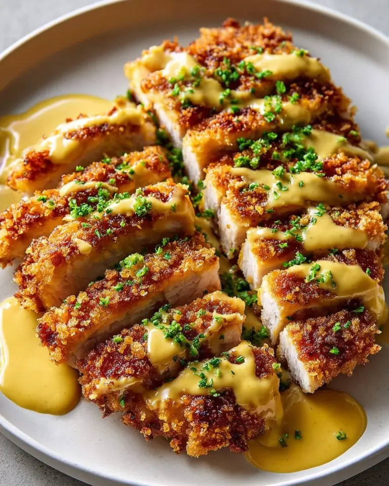 Pretzel crusted chicken served with cheddar mustard sauce on a plate