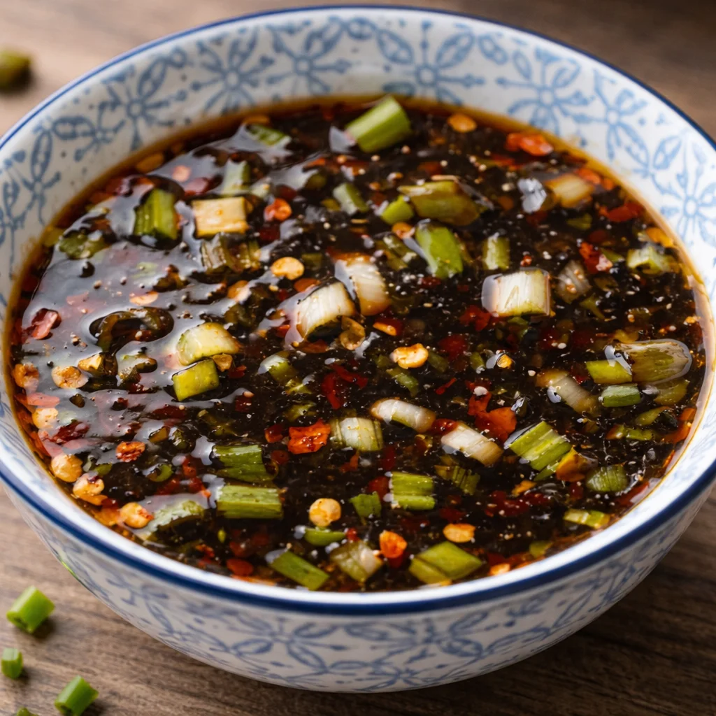 Homemade Potsticker Sauce with soy sauce, rice vinegar, and garlic for dipping.