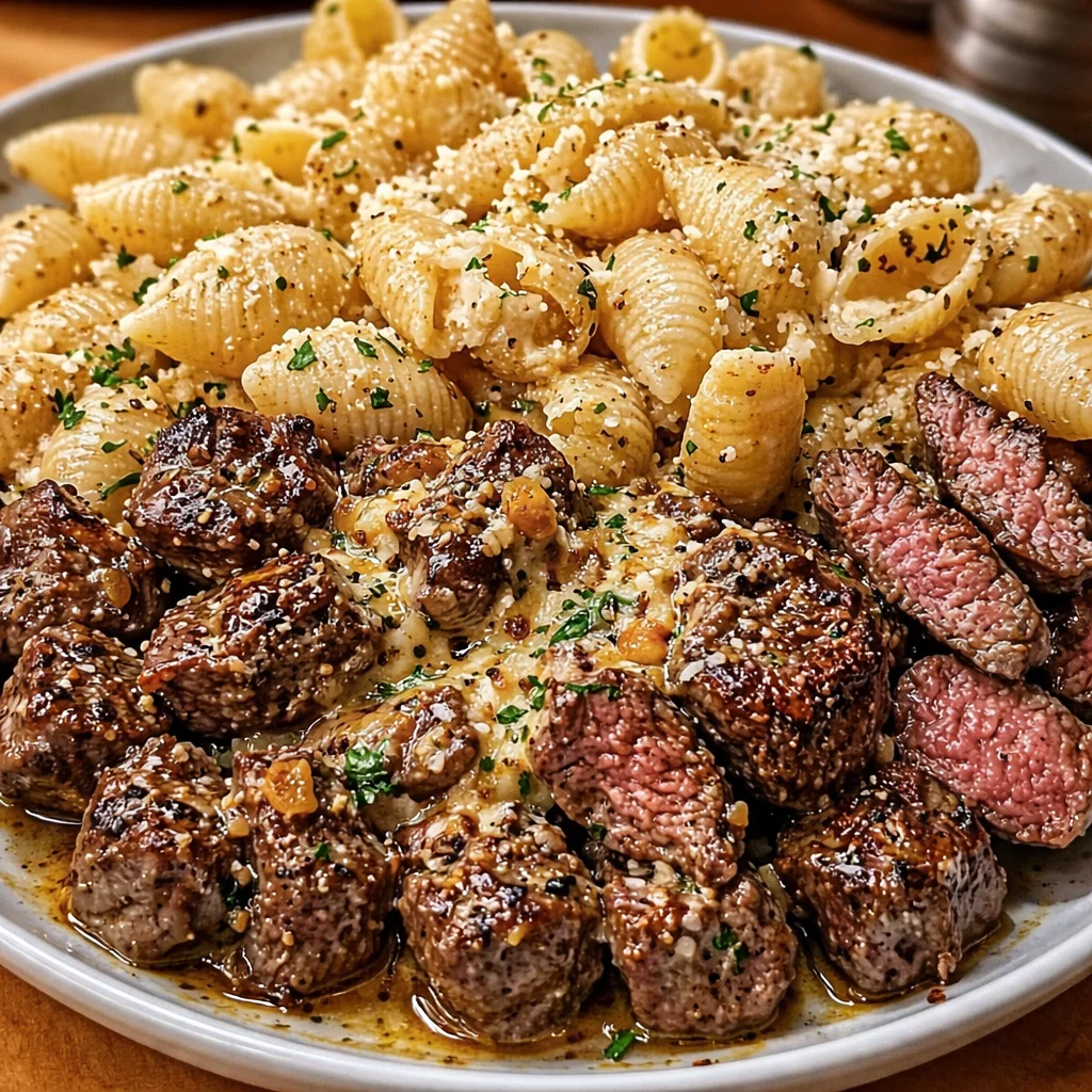 Juicy Garlic Butter Steak Bites served with Creamy Parmesan Pasta Shells in a rich sauce.