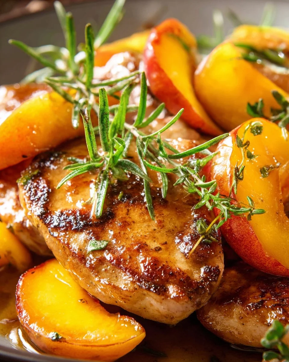 Delicious pork chops paired with peaches for a sweet and savory dish.