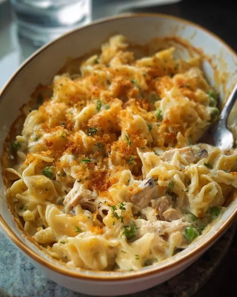 Deliciously baked tuna noodle casserole topped with breadcrumbs and cheese.
