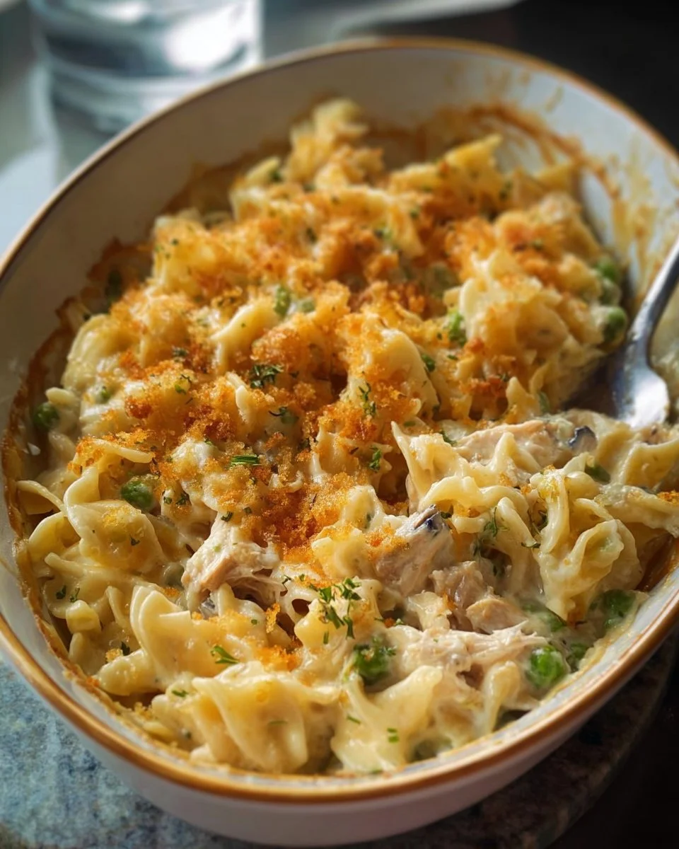 Deliciously baked tuna noodle casserole topped with breadcrumbs and cheese.