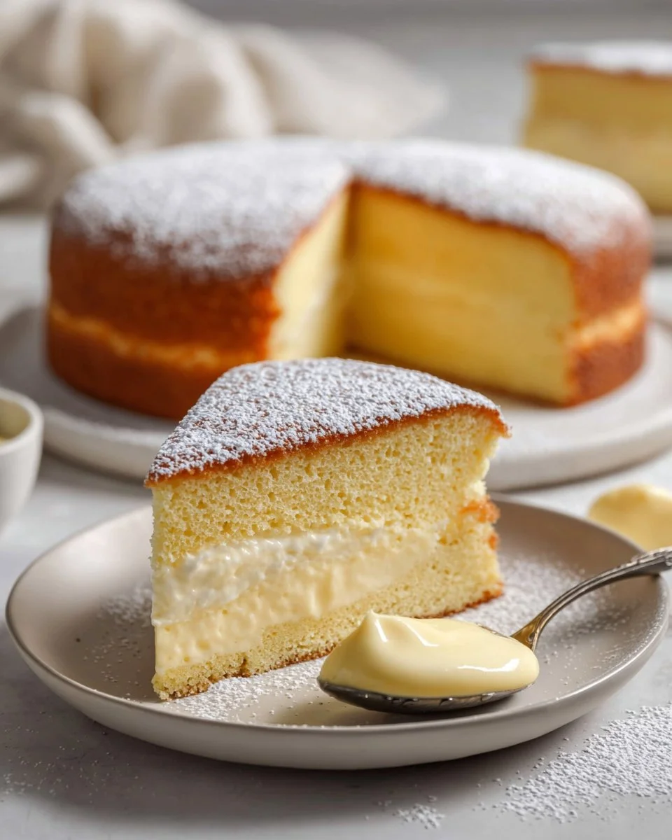 Slice of Vanilla Magic Custard Cake showcasing its creamy layers