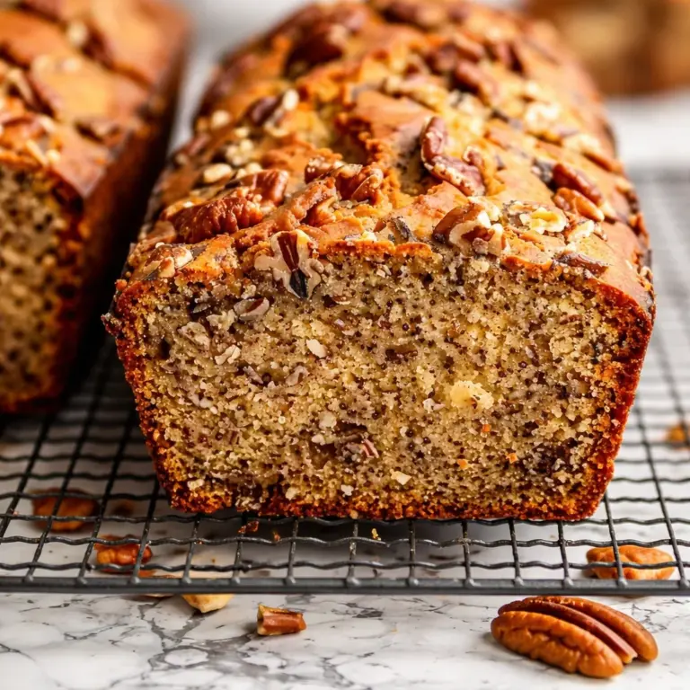 A loaf of Ina Garten’s Banana Bread with crunchy pecans and ripe bananas.