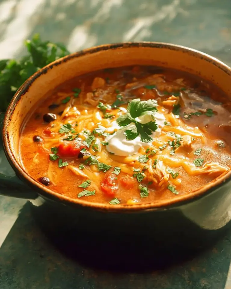 Bowl of zesty chicken enchilada soup garnished with cilantro and cheese