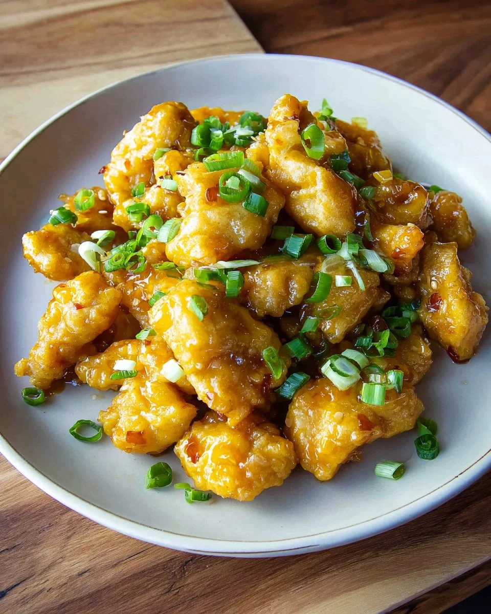 Crispy Air Fryer Orange Chicken served with sesame seeds and green onions.