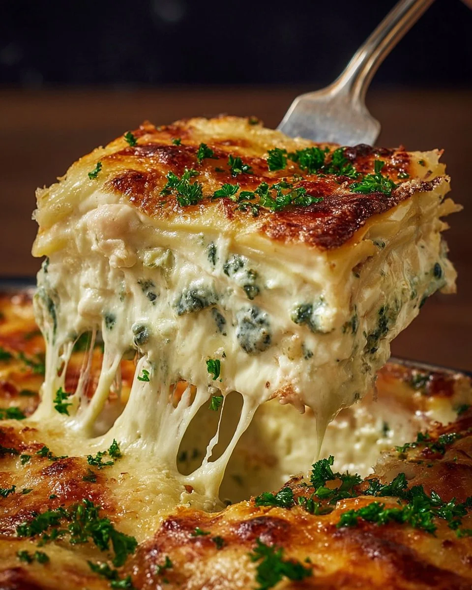 Delicious Alfredo Chicken Lasagna with layers of chicken and creamy sauce