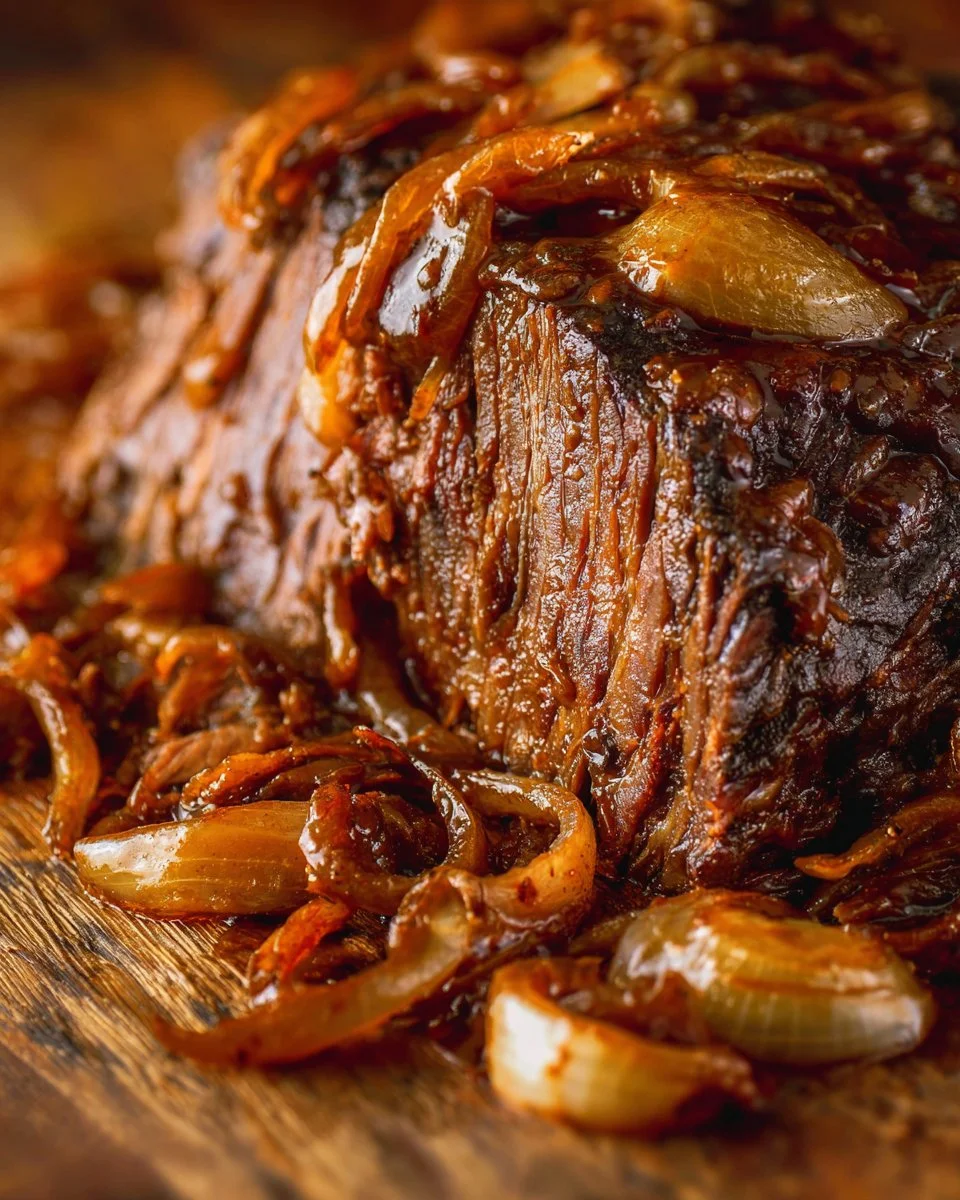 Delicious apricot BBQ beef brisket served on a plate with garnish.