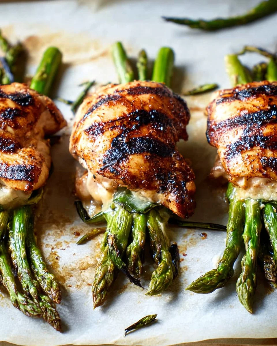 Asparagus stuffed chicken breasts baked with cheese and herbs for a flavorful meal.
